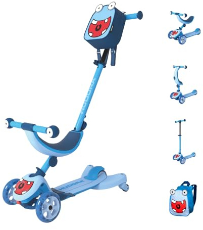 HUDORA 4‑in‑1 Kinder Scooter im Monster‑Design – Flexibles Rutscherfahrzeug und Tri‑Scooter – LED‑Räder und Rucksack – höhenverstellbar – ab 12 Monaten – Sitzen und Fahren – Jungen und Mädchen