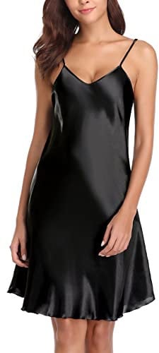 Vlazom Nuisette Femme Sexy Satin Chemise de Nuit Courte Bretelles Reglables Robe de Nuit,XXL, Style A-Noir