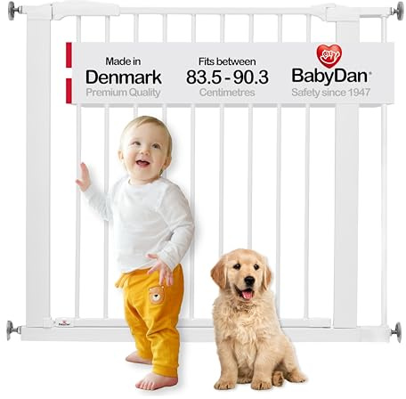 BabyDan Perfect Close, Ohne bohren Treppenschutzgitter, 77,3-90,3 cm, Baby-/Sicherheitsgitter, Weiß, Hergestellt in Dänemark - (Haustiergitter/Hundegitter)
