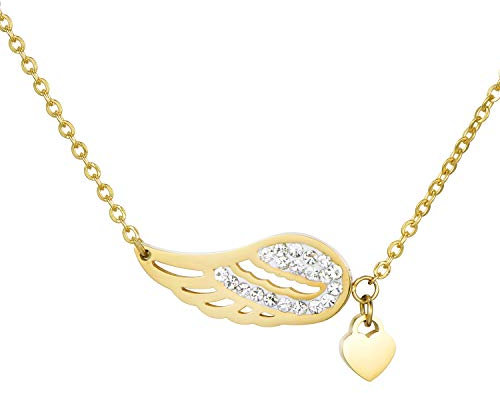 Morella Damen Halskette Engelsflügel Herz mit Flügel Anhänger Zirkoniasteine Edelstahl Gold im Samtbeutel