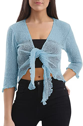 Love My Fashions® Women’s Fish Net Knitted Tie Up Bolero Shrug Top Ladies 3/4 Sleeve One Size Fits All Ice Blue