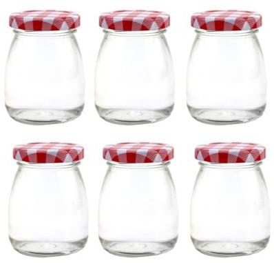 Danmu Art 6Pcs 100ml Yogurt Pudding Glass Jars with Red Gingham Lids Mini Empty Glass Jars Small Glass Bottles