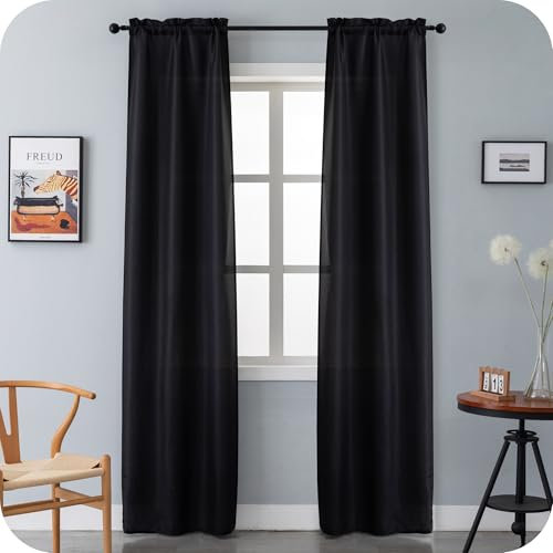 Coppia Tende Semi Oscuranti Tinta Unita Tenda Leggera per Soggiorno Camera Cameretta Balcone Finestra e Interni 2 Pannelli con Tasca (Nero, 70x240cm)