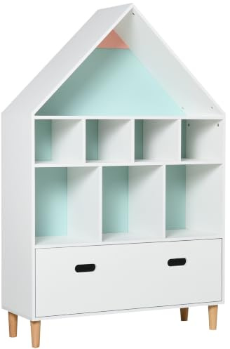 HOMCOM Kinderbuchregal aus Holz Hausförmiges Kinderbuchregal mit 8 offenen Fächern und Schublade in 2 Farben 82x30x126 cm Weiß