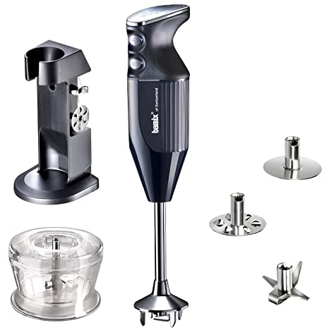 bamix Stabmixer Set M200 DELUXE C3 inkl. Multifunktionsmesser, Quirl, Schlagscheibe, Becher, Halterung, 200 Watt, 2-Stufen, Edelstahl, Made in Switzerland - Schwarz