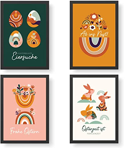 Papierdrachen 4 Premium Poster zu Ostern | DIN A4 | Wandbilder für Wohnzimmer und Küche - Boho - hochwertige Kunstdrucke | Dekoration | Wandbild Set