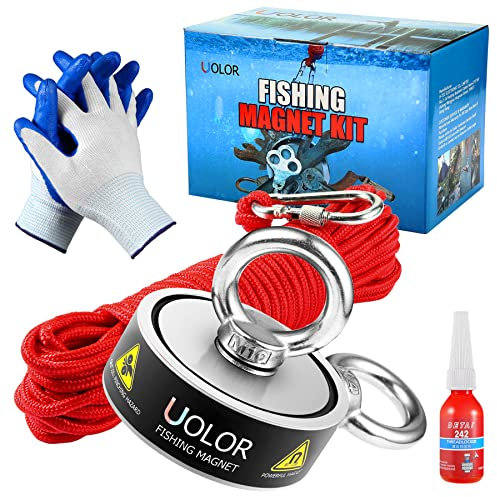 Uolor Double Sided Complete Fishing Magnet Kit for Magnet Fishing 400KG Strong Pull Force - Includes 20M Rope with Carabiner, Gloves, Threadlocker for Retrieving Items in River, Lake, Beach, Lawn