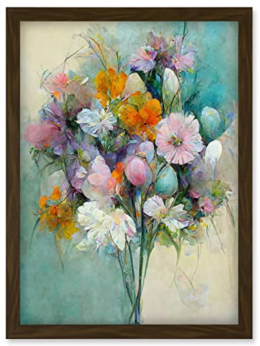 Doppelganger33 LTD Watercolour Pink Orange And Teal Spring Flower Bouquet Illustration Artwork Framed Wall Art Print A4