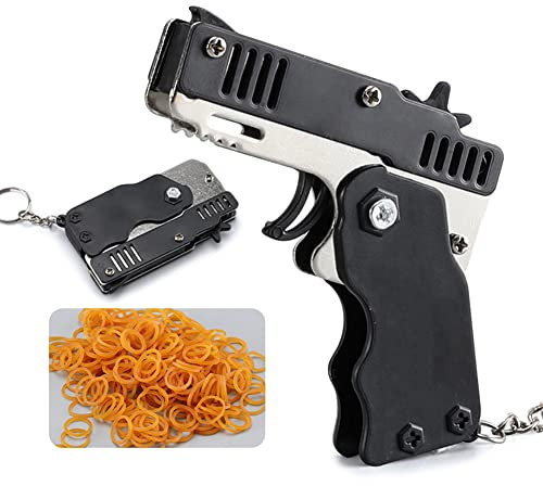 Mini Pendant Transmitter Portable with Key Chain Rubber Band Gun Foldable Bursts Rubber Band Pistol Metal Elastic Safe for Children Festival Gift