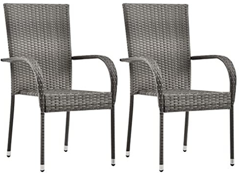 KOIECETA Gartenstuhl Stapelbar Gartensessel Stapelstuhl Essstuhl Stapelsessel Stuhl Sessel Stühle Gartenmöbel Terrasse Grau Poly Rattan (Grau, 2X), (V4646)