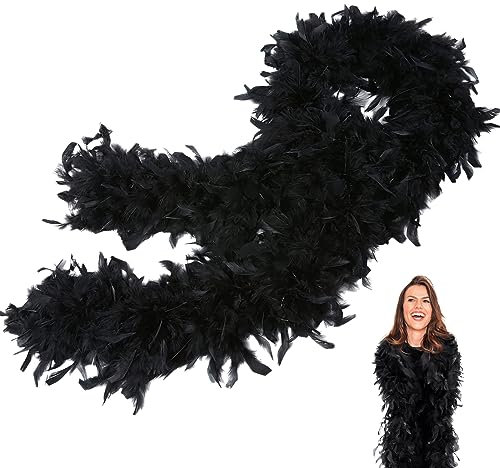 Schwarz Federboa,Boa für Damen und Mädchen,80g 2m/6.6ft Natürliche Truthah Feder-Boa,Schwarz Federboa Halt für Straßenfasching,Geburtstagsfeier,Konzert,Karneval,Tischdeko, Halloween,Weihnachtsfeier
