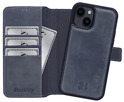 Burkley 2in1 Leder Handytasche für iPhone 13 Handyhülle mit herausnehmbarem Back Cover, 360° Schutz (Stone Grey)