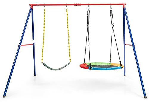 COSTWAY 2 en 1 Balançoire Enfants avec Portique en Métal, Balançoire Nid d'Oiseau Ø100cm et en U avec Tapis Antidérapant, Intérieur et Extérieur, Charge 250kg pour 2 Enfants de 3 Ans+