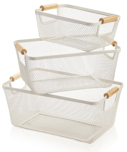 Noamus 3 Pack Metal Mesh Baskets with Wood Handle, Iron Storage Organizer Basket, Cream White Wire Countertop Baskets for Organizing, Cabinet Pantry Closet Bedroom Kitchen(3 Size)