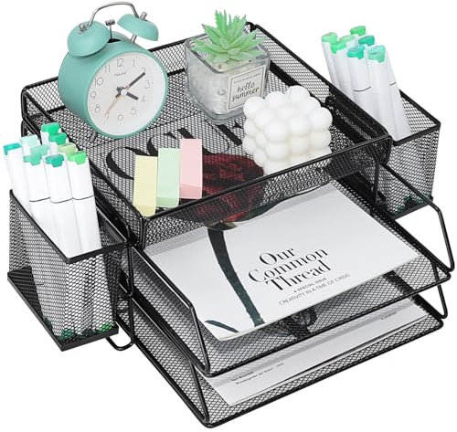 PLSOPPKG Wire Mesh in Trays for Desk, 2-Tier Metal Mesh Letter Tray Desk Organisers, Stackable Office Desk Tidy File Holder With Top Stationery Holder, Desk Organizer for Office, School and Home