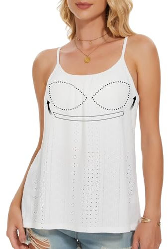 ANYFITTING Debardeur Femme avec Soutien-Gorge Intégré, Haut Femme Chic et Elegant, Col Rond Sangle Spaghetti Caraco Femme, Basique Caraco Réglables pour Femme Hauts sans Manche Blanc M