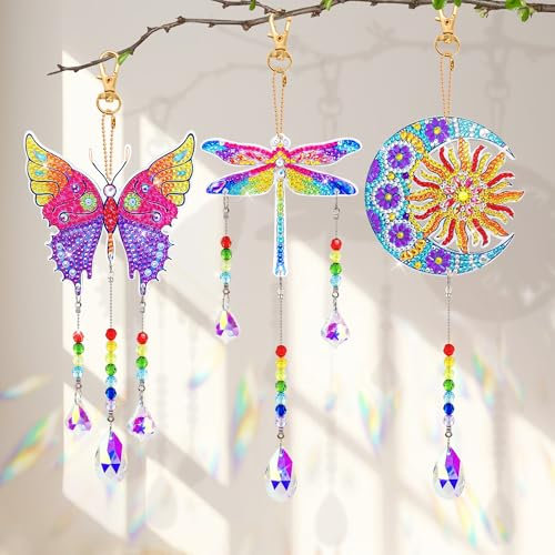 SHEPIN 3 Stück Diamond Painting Kinder Windspiel, Bastelset Mädchen Geschenke 6 7 8 9 10 11 Jahre Geschenkideen, Große Doppelseitige 5D Diamond Painting Sonnenfänger Basteln Kristall Anhänger
