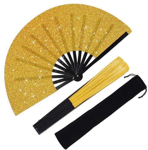 Plzoslly Large Folding Hand Fan Glitter Gold, 63cm x 33cm, Foldable, Lightweight, Battery Powered, Modern, Indoor Use, Perfect for Dance, Party, Festival, EDM, Home Decoration