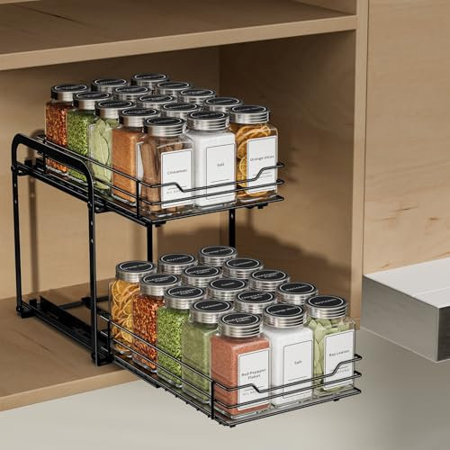 ZDDLOINP Étagère à Épices, Organisateur de Placard, 2 Niveaux Porte epice pour Rangement Placard Cuisine, Rangement Et Organisation De Cuisine, Noir P26.4*L18.8*H23CM