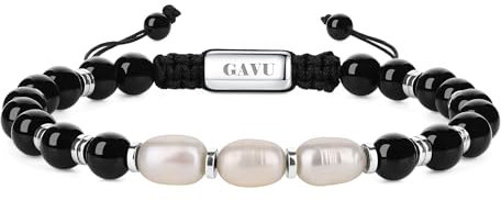 GAVU Bracelet Onyx pour Hommes, Pierre Noire, Perle Naturelle, Cordon Nylon Réglable