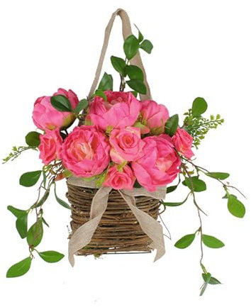 Künstliche Gefälschte Hängende Blumenpflanzen mit Korb, Simulationsgirlande, Pflanzentürbehang, Rosenkranz, Simulationskranz, Pflanze, Künstliche Rosenblume für Zuhause, Terrasse(Rot)