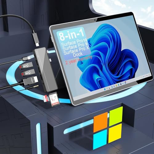 8 in 2 Surface Pro 9 Pro 8 Docking Station, Surface Pro 8 Hub con 4K HDMI, 100W Thunerbolt 4 (Display+dati+ricarica PD), USB C (dati), audio, 2 USB 3.0, scheda TF/SD per Microsoft Surface Pro 9/8/X