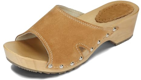 BeComfy Damen Wildleder Holzclogs Holzschuhe Pantoletten mit Absatz Sommer