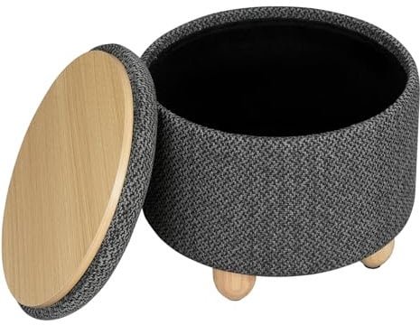 WOLTU Round Stool with Storage Space, Footstool with Lid, Padded Stool, Solid Wood Legs, Linen Cover, Diameter 39x33cm, Grey