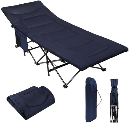ALPIDEX Campingbett Feldbett bis 200 kg Seitentasche Bequem Auflage Weich Gepolstert Klappbar Faltbar Gästebett Liege Camping Garten, Farbe:Blue