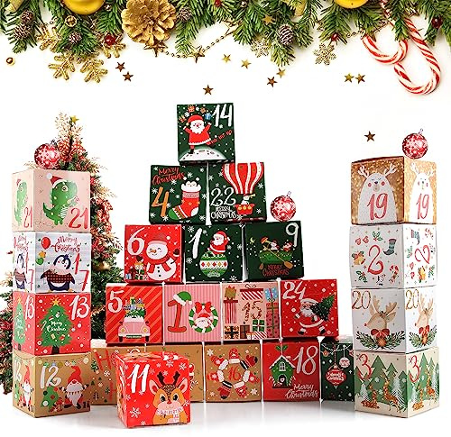 24 Boxen Befüllbar, Adventskalender 2025, Adventskalender Schachteln 7x7x7cm, DIY Advent Kalender zum Befüllen für Weihnachtsdeko & Weihnachten Geschenk﻿