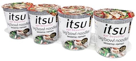 itsu Sesame Chicken Big’Bowl Noodles 97g | Sesame Miso Broth | Rice Noodles | Quick-to-Make Snack | Pack of 4