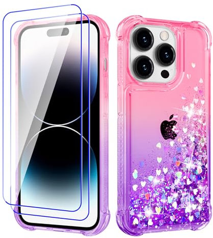 Pilaru Lovely for iPhone 14 Pro Case [2 Screen Protector] Clear Liquid Heart Glitter Soft TPU Cover Transparent Girly Shockproof Protective Phone Case for iPhone 14 Pro,Pink/Purple