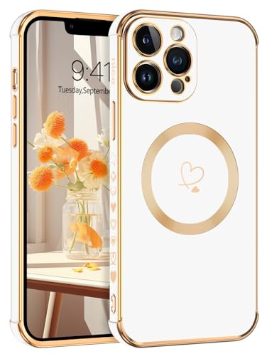 Telaso Magnetische Hülle für iPhone 13 Pro, Handyhülle für iPhone 13 Pro Niedliches Herz Muster [ Kompatibel mit MagSafe ] Weiche Plattierung Abdeckung für Frauen, Schutz der Kamera, Weiß