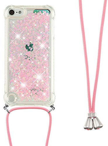 SIYOPINPFY Handykette Hülle für iPod Touch 5 / iPod Touch 7 mit Band, Quicksand Glitzer Flüssigkeit HandyHülle mit Kordel Kette, Silikon Treibsand Stoßfest Hülle für iPod Touch 5/6 Rosé YBG