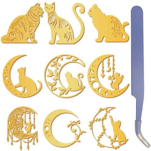 craspire 9 Stück Mondphasen Katze Goldene Metallaufkleber 1,5 x 1,5 Zoll Mit Pinzette Boho Blume Wasserfest Selbstklebend Nickel Dekorationsaufkleber Abziehbilder Für Sammelalben DIY Harzbasteleien