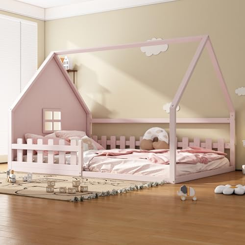Huayz Kinderbett Hausbett 140x200cm, Montessori Bodenbett mit Rausfallschutz und Lattenrost, Holzbett für Jungen und Mädchen, ohne Matratze (Rosa)