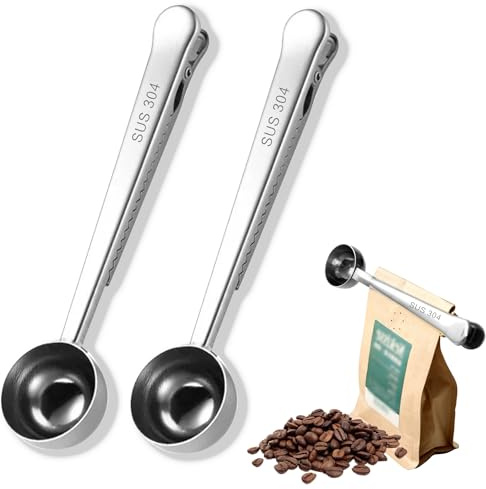 2 stycken kaffeskopa, mätsked i rostfritt stål, Kaffeskopa med klämma, mätsked multifunktion, kaffesked med påseklämma, Används för malning av kaffe, kaffebönor,te,mjölkpulver,socker,havregryn(Silver)