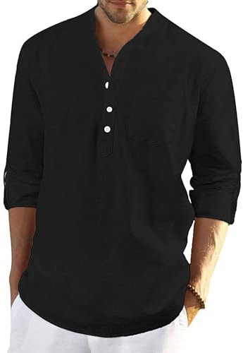 YAOBAOLE Henley Shirts for Men Men's Casual Long Sleeve Shirts Grandad T Shirt Black L