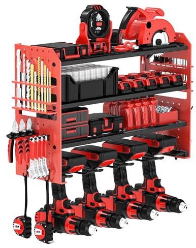 VeyFolzin.st Power Tool Organizer Wall Mount, Red Metal Power Tool Storage Rack with Screwdriver Holder, Garage Tool Storage Shelves with Screwdriver Holder Plier Holder (Red, 4 Drills Holder)