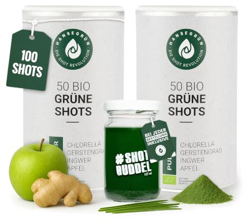 Hansegrün 2x Bio Grüne Darm Shots (100 Stk.) - Superfood-Pulver | Mit Gerstengras - für die Darm-Gesundheit¹ - mit Chlorella & Brennessel - 100% echte Zutaten zur täglichen Zubereitung