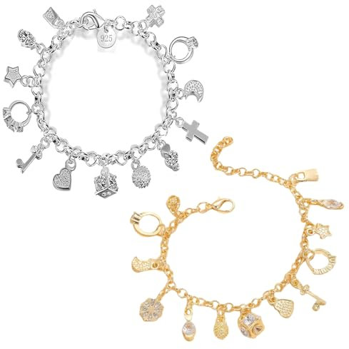LQIOACU 2 Pièces Bracelet Charms or argent Femme, Bracelet à Breloques en Or et Argent, Bijoux de Mode Cadeau pour Femme