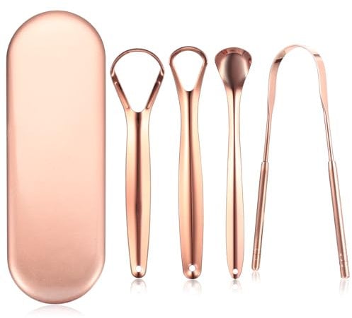 4 Pz Pulisci Lingua, Tongue Scraper in Metallo, Nettalingua in Acciaio Inox, Raschietto Lingua, Nettalingua Rame, Raschia Lingua per Igiene Orale e Alito Fresco, per Donne e Uomini