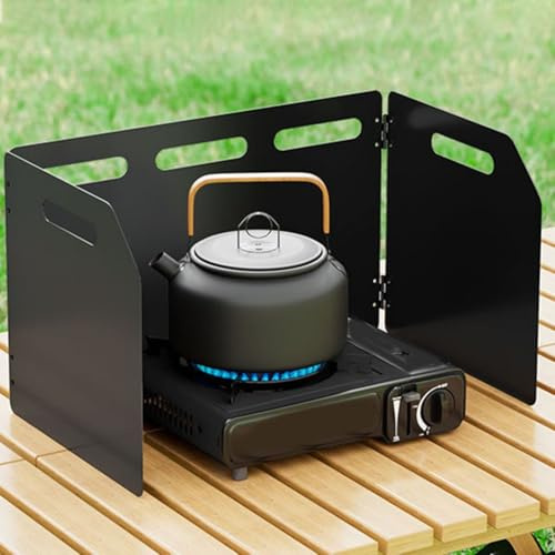 GLOBALHUT Gas Stove Windshield - Folding Camping Stove Windshield Cooker WindScreen, For Camping, Hiking, Picnicking - Black Zinc-Iron Alloy Construction(Three-fold)