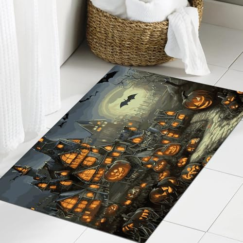 JHAOUNUK Alfombrilla de Baño Absorbente Antideslizante Lavable,Alfombra de Ducha con Respaldo de Goma para Baño,Bañera,Fondo de Cartel de Halloween. Ilustración de Halloween, Paisaje Nocturno,40x60cm
