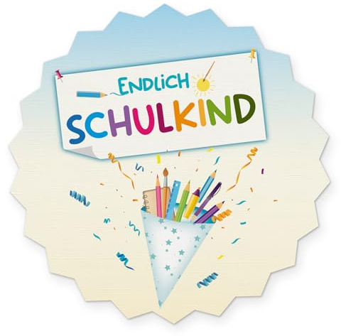 itenga 10x Sticker Einschulung Schulanfang Aufkleber Endlich Schulkind Tafel rund Gastgeschenk Geschenkverpackung (Motiv Tüte Endlich Schulkind)