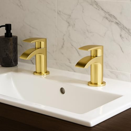 Belantia Brushed Brass Basin Taps | Pair of Taps | Brushed Brass Finish | Hot and Cold | Bathroom Basin | Bathroom Sink | Lever Handle Design |