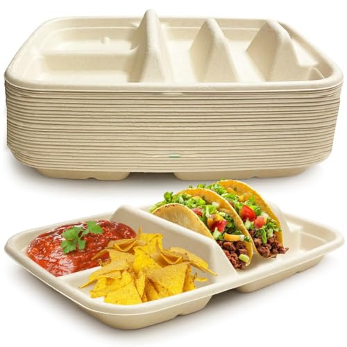 Koolenry 2-for Taco& 2-Side Disposable Plate Holder–Fiesta 25-PACK with Dividers for Taco Tuesday