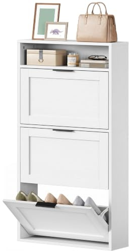 HOOBRO Schuhschrank mit 3 Klappen, schmales Schuhregal mit Stauraum, Schuhkipper mit verstellbaren Einlegeböden, für 6-9 Schuhe, für Wohnzimmer, Eingangsbereich, Flur, Balkon, Weiß EWT17SC01