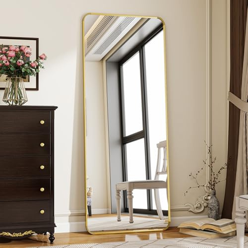 Koonmi Miroir d'angle Rond intégral sur Pied avec Support pour Chambre, Montage à Suspendre pour Salon, vestiaire, 58 x 168 cm, doré