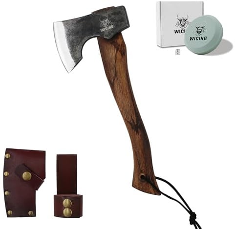 WICING 34,2 cm Beil, Campingaxt und Beil aus Manganstahl 1065 mit Buchenholzgriff und Lederscheide